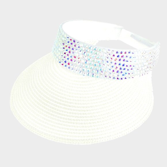 *NEW*Cobalt Blue AB Rhinestone Crystal Studded Accent White Visor Hat Cap